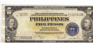 PI-119a RARE Philippine 5 Peso Treasury Certificat with thick lettering ovrprint Central Bank of the Philippines on reverse. Banknote