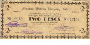 S-602 Mountain Province 2 Peso note with countersign signature on reverse. Banknote