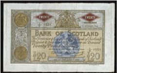 P-94f Bank of Scotland 20 pounds. Date 12th September 1960.
Signatures, Lord Bilsland and Sir Wm. Watson.
pv 400 Banknote