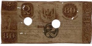 20  Pesos  ==> Issue:  1853  ==> Printer:     ===> Signatures:   ==> Note:  Dominican Republic 1853 20 pesos.  This Serie “E” note was printed in 1848 but it was not circulated until 1853 at which time it was rehabiliitated and revalued from 1 peso = 40 centavos to 20 pesos.  The rehabiliitated stamp is on the reverse. ==> by Clubnumismatico.com Banknote