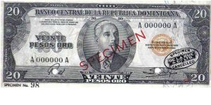 Specimen 20 Pesos Banco Central ==> Emision: 1ra ==> Printer: TDLR  ===> Signatures: Wenceslao Troncoso S. Lic. S. Salvador Ortiz  ==> Denominations: 1952 (10, 20, 1, 5, 10) ==> by: clubnumismatico.com Banknote
