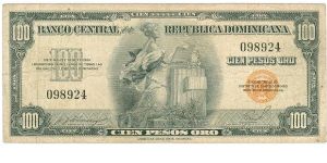 100 Pesos Banco Central ==> Emision: 1ra ==> Printer: ABNC  ===> Signatures: Lic. José Joaquín Gómez and Lic. Virgilio Álvarez Sánchez  ==> Denominations: 1954 (1, 100) ==> by: clubnumismatico.com Banknote