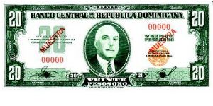 Specimen 20 Pesos Banco Central ==> Emision: 1ra ==> Printer: ABNC  ===> Signatures: Lic. Arturo Despradel Lic. and Virgilio Álvarez Sánchez  ==> Denominations: 1957 (1, 5, 10, 20, 100, 1000) ==> by: clubnumismatico.com Banknote