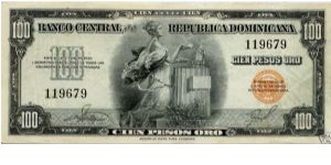 100 Pesos Banco Central ==> Emision: 1ra ==> Printer: ABNC  ===> Signatures: Lic. Arturo Despradel Lic. and Virgilio Álvarez Sánchez  ==> Denominations: 1957 (1, 5, 10, 20, 100, 1000) ==> by: clubnumismatico.com Banknote
