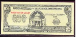 1961
50 Centavos Banco Central ==> Emision: Billetes Fraccionarios ==> Printer: BCRD  ==> Signatures: Lic. Manuel V. Ramos and Lic. José Manuel Machado   ==> Denominations: 1961 (0.10, 0.25, 0.50) ==> Note: “Emergency Currency”. Following the assassination of the Dictator Rafael Leonidas Trujillo and rumors  of the family sacking the Central Bank of its metallic reserves, the public began hoarding the circulating silver coinage.  By fall of 1961 the country was facing a severe shortage of fract Banknote
