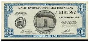 1962
10 Centavos Banco Central ==> Emision: 1ra ==> Printer: ABNC ==> Signatures: Lic. Silvestre Alba de Moya and Lic. José Manuel Machado    ==> Denominations: 1962 (0.10, 0.25, 0.50) ==> Note: “Emergency Currency”. Following the assassination of the Dictator Rafael Leonidas Trujillo and rumors  of the family sacking the Central Bank of its metallic reserves, the public began hoarding the circulating silver coinage.  As an emergency measure, the Monetary Board approved the printing of fraction Banknote