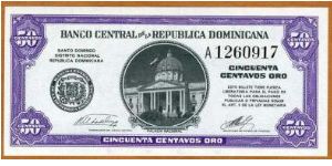 1962
50 Centavos Banco Central ==> Emision: 1ra ==> Printer: ABNC ==> Signatures: Lic. Silvestre Alba de Moya and Lic. José Manuel Machado    ==> Denominations: 1962 (0.10, 0.25, 0.50) ==> Note: “Emergency Currency”. Following the assassination of the Dictator Rafael Leonidas Trujillo and rumors  of the family sacking the Central Bank of its metallic reserves, the public began hoarding the circulating silver coinage.  As an emergency measure, the Monetary Board approved the printing of fraction Banknote