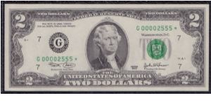 2003 $2 CHICAGO FRN

#3 0F 3 MATCHING SERIALS

**STAR NOTE**

#00002555* Banknote