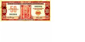 1962 ==> 50.00 Pesos Banco Central ==> Family: 2nd ==> Printer: ABNC ==> Signatures: Lic. José J. Gómez and Ing. Manuel E. Tavárez Espaillat ==> Denominations: 1962 (1, 5, 10, 20, 50, 100, 500, 1000) ==> Note: First post Trujillo emision. Also known as “El peso rojo” (the red peso) Dominincan non-dated (1962). First regular issue after the assasination of Rafael Leonidas Trujillo ending his thirty years of tyranny. ==> by: clubnumismatico.com Banknote