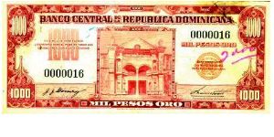 1962 ==>
1000.00 Pesos Banco Central ==> Family: 2nd ==> Printer: ABNC 
 ==> Signatures: Lic. José J. Gómez and Ing. Manuel E. Tavárez Espaillat   ==> Denominations: 1962 (1, 5, 10, 20, 50, 100, 500, 1000) ==> Note:  First post Trujillo issue. Also known as “El Peso Rojo” (The Red Peso). Dominican non-dated (1962). First regular issue after the assassination of Rafael Leonidas Trujillo ending his thirty years of tyranny.  ==> by: clubnumismatico.com Banknote