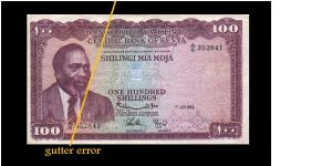 100 shillings 
extreamly rare 
first issue 
w/gutter error on both sides 
if u are a potential buyer email me and ill send you a photo of the actual note Banknote