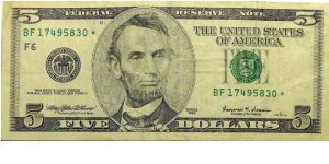 Five Dollars, Ser. #BF17495830* Banknote