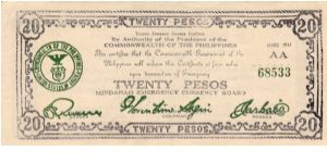 Emergency & Guerrilla Currency

Mindanao: 20 Pesos (Series AA, 2nd Treasury Emergency Certificate issue) Banknote
