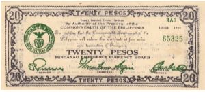 Emergency & Guerrilla Currency

Mindanao: 20 Pesos (Series RA5, Treasury Emergency Certificate issue) Banknote
