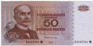 50 Markkaa Serie A

The replacement of banknotes (asterisk)
moderately low serial number

Banknote size 142 X 69mm (inch 5,59 X 2,72)

Made of 96,000 pieces

This note is made of 1978 Banknote
