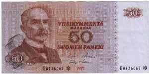 50 Markkaa Serie G

The replacement of banknotes (asterisk)

Banknote size 142 X 69mm (inch 5,59 X 2,72)

Made of 120.000 pieces

This note is made of 1979 Banknote