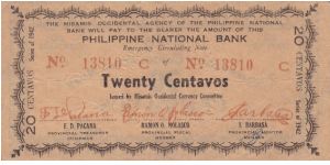 Emergency & Guerrilla Currency

Misamis Occidental: 20 Centavos (2nd Emergency Note issue) Banknote