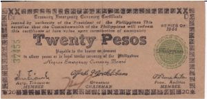 Emergency & Guerrilla Currency

Negros Island: 20 Pesos (Treasury Emergency Certificate issue) Banknote