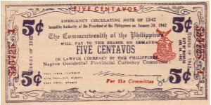 Emergency & Guerrilla Currency

Negros Occidental: 5 Centavos (Emergency Note issue) Banknote