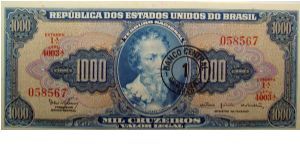 1 Cruzeiros Overprint on 1000 Cruzeiros Note Banknote