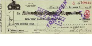 Great Philippine check from Manila with imprinted 2 cent revenue stamp. Banknote