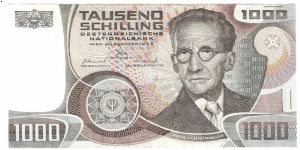 1,000 Schilling.

Erwin Schrodinger at right, Federal arms at upper left on face; Vienna University at left center on back.

Pick #152 Banknote