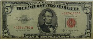 $5 United States Note  1953B
Smith/Dillon Star Note Banknote
