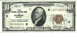 1929 - $10 Federal Reserve Bank Note - Richmond FRB - XF - FR 1860-E. Population 1.36 million. Banknote