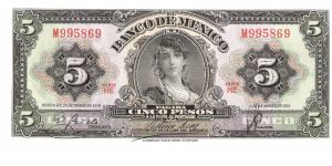 5 pesos; August 20, 1958; Series HE Banknote