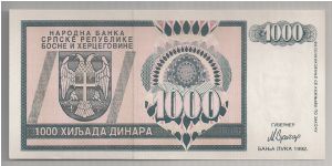 Serbia 1000 Dinara 1992 P137. Banknote