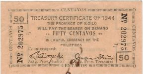 S-335 Iloilo 50 Centavo Treasury Certificate. Banknote
