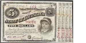 1875/6 $5 Louisiana Baby Bond obsolete paper note; Four of the original 11 coupons attached on the right side. Banknote