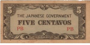 PI-103 Philippine 5 centavos note under Japan rule, block letters PB. Banknote