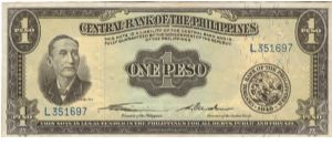 PI-133a Rare English Series 1 Peso note with Signature group 1 and GENUINE underprint, Prefix L. Banknote