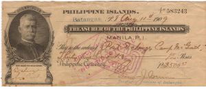 RARE Treasury of the Philippines Governor Lawton check signed by treasurer of Batangas. Banknote