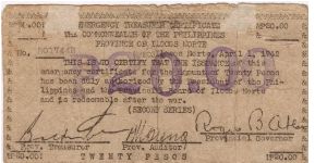 S-274 RARE Province of Ilocos Norte 20 Pesos note, Second Emergency Treasury Certificate Issue. Banknote
