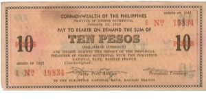 S-639 Commonwealth of the Philippines 10 Peso Cuponized Check. Banknote