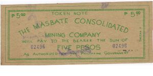 Counterfeit Masbate Consolidated Mining Co. 5 peso note. Banknote