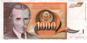 Socialist Federal Republic of Yugoslavia
1000d
Nikola Tesla 1856-1943
Tesla coil Banknote