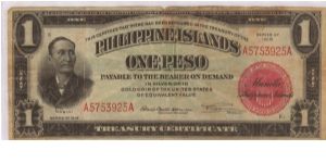 PI-60b RARE Philippine Islands one Peso note with rare signature group. Banknote
