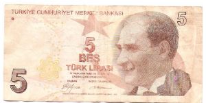 5 Lira.

Ataturk at right on face; Prof. Dr. Aydin Sayili at center right on back.

Pick #NEW Banknote