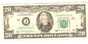 20 Dollars.

Series J-10 (Kansas City)

Portrait Andrew Jackson at center on face; the White House at center on back.

Pick #483 Banknote