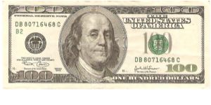 100 Dollars.

Series B-2 (New York)

Portrait Benjamin Franklin at center, green value at lower left on face; Independence Hall at center back.

Pick #519a Banknote