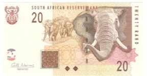 20 Rand.

Coat of arms at top left, elephants at center, large elephant head at right on face; open pit mining at left center on back.

Pick #129 Banknote