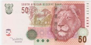 50 Rand.

Coat of arms at top left, lions with cub drinking water at center, male lion head at right on face; Sasol oil refinery at lower left center on back.

Pick #130 Banknote