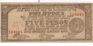 S-136 Bohol 5 Pesos note with unlisted serial number. Banknote