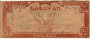 S-191b Cagayan 5 Pesos note on Manila paper with green text, counterstamp on reverse. Banknote