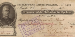 RARE Treasurer of the Philippines Gen. Lawton check. Banknote