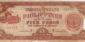 S-408 RARE Leyte Commonwealth of the Philippines 5 Pesos note. Banknote