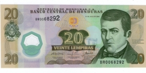 20 Lempiras Polymer Issued.  Banknote